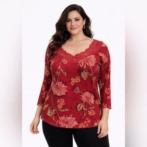 Red Floral Print Lace Trim V-neck 3/4 Sleeve Top 1X